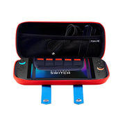 Housse rouge et bleue Nintendo Switch 2 avec intérieur noir et sangles bleues
