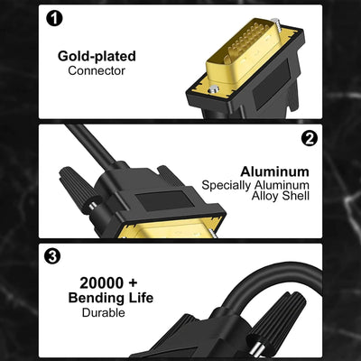 Connecteur DVI noir avec broches plaquées or et coque alliage aluminium, câble DVI vers HDMI 3m