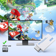 Adaptateur Wii vers HDMI blanc avec texte bleu et port HDMI argenté