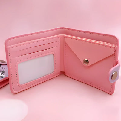 Portefeuille Hello Kitty rose bi-fold en cuir faux, fenêtre ID claire, fermetures snaps métalliques