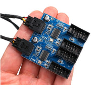 Circuit imprimé bleu avec connecteurs noirs et composants étiquetés, adaptateur USB splitter 9 broches double