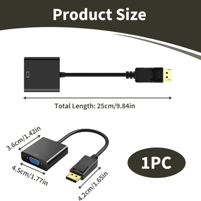 Adaptateur DisplayPort mâle vers VGA femelle noir avec câble court et connecteurs plaqués or