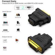 Adaptateur DVI mâle vers HDMI femelle en plastique noir avec connecteurs plaqués or