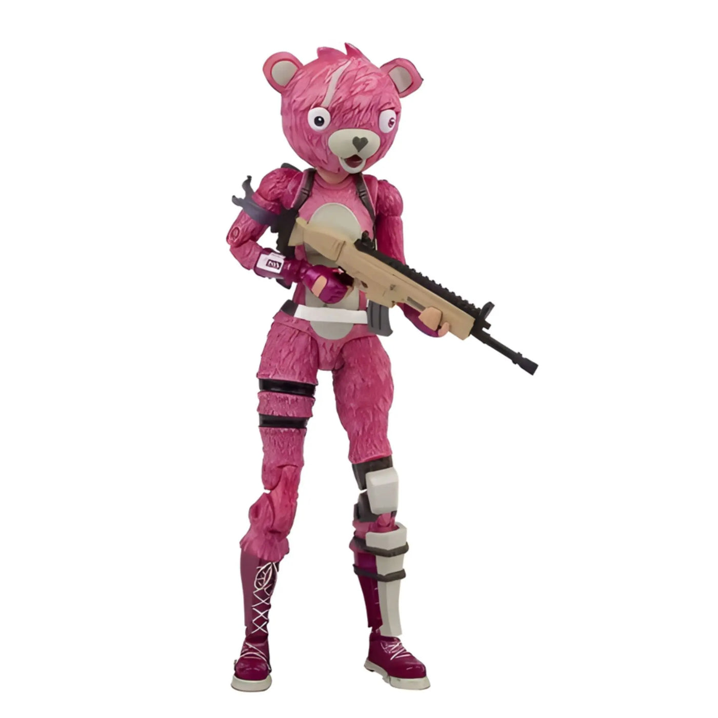 Figurine Fortnite Panda Rainbow : ours rose en tenue de combat avec fusil dassaut