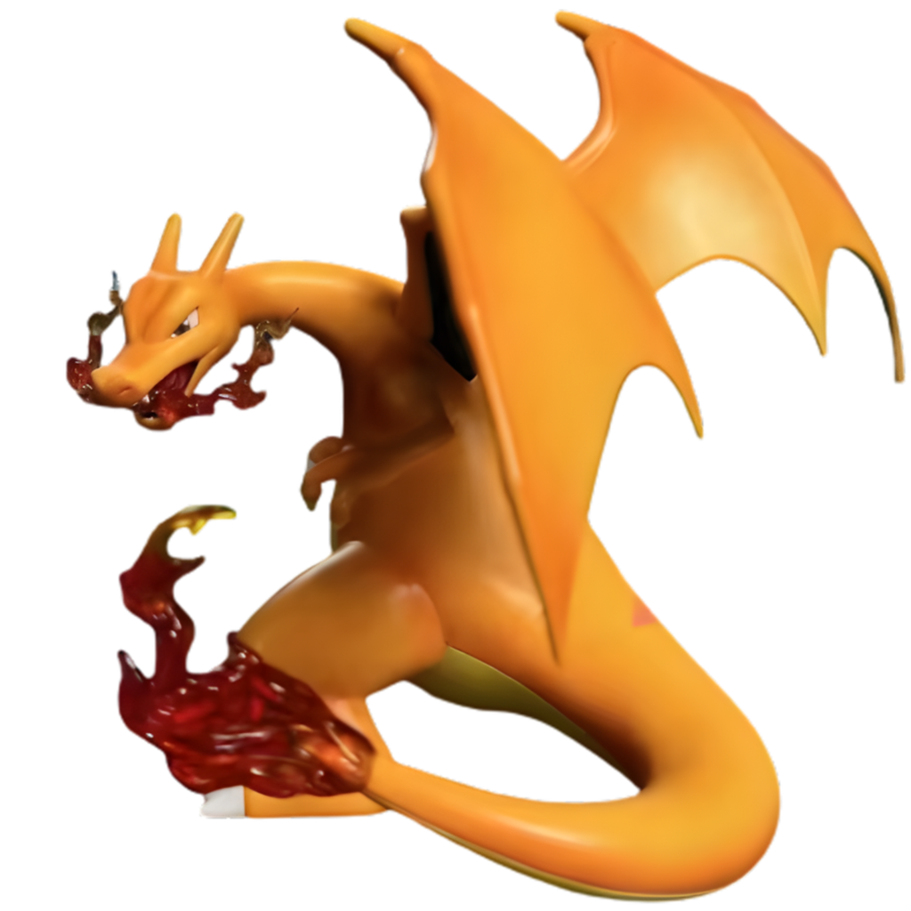 Figurine Pokémon Dracaufeu en plastique orange avec flammes rouges