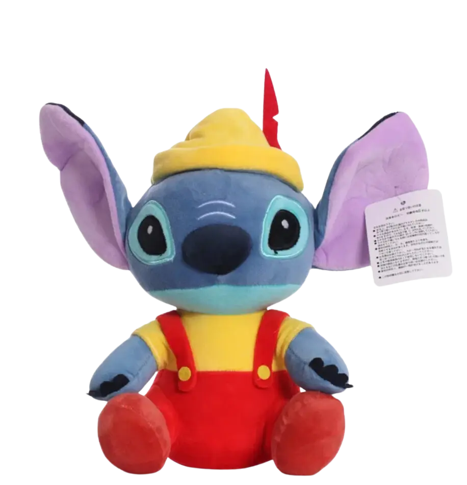 Peluche Stitch Lilo & Stitch cosplay Pinocchio : bleu, chapeau jaune plume rouge