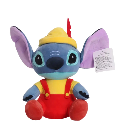 Peluche Stitch Lilo & Stitch cosplay Pinocchio : bleu, chapeau jaune plume rouge