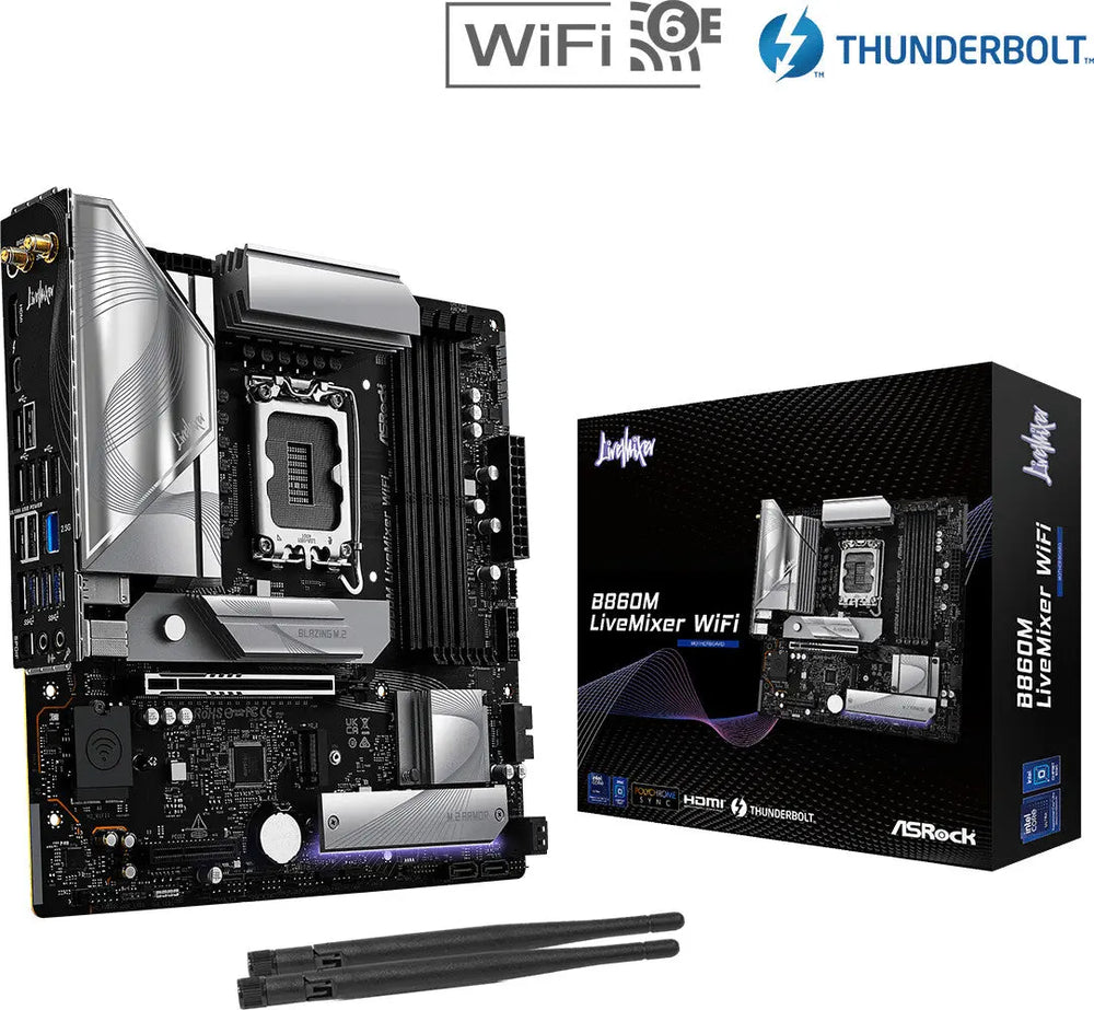 Carte mère ASRock B860M LiveMixer WiFi argent et noir, Wi-Fi 6E, Thunderbolt