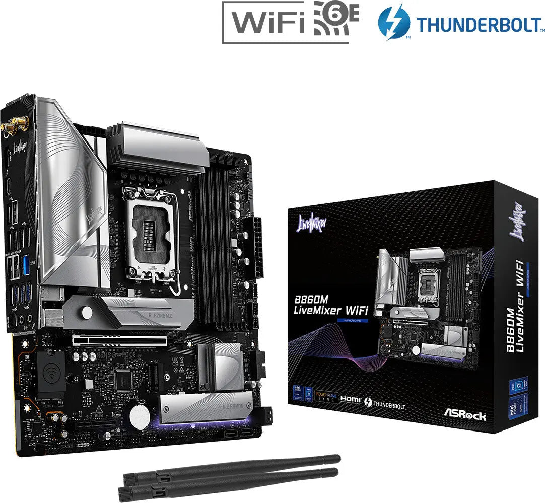 Carte mère ASRock B860M LiveMixer WiFi argent et noir, Wi-Fi 6E, Thunderbolt