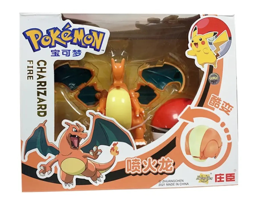 Figurine Dracaufeu orange et jaune en plastique avec ailes vert foncé en boîte Pokéball Pokémon