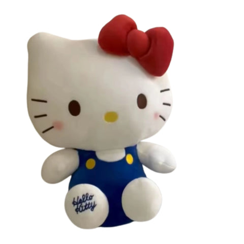 Peluche Hello Kitty – Salopette Bleue & Nœud Rouge – Coton Doux – 30 cm