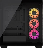 Trois ventilateurs Corsair ARGB 3500X empilés verticalement avec éclairage dégradé jaune orange rose dans boîtier noir