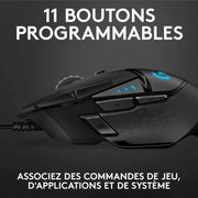 Souris gaming Logitech G502 HERO noire avec LED bleue latérale