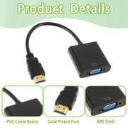 Adaptateur HDMI vers VGA noir shell ABS port plaqué or câble PVC
