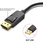 Câble DisplayPort noir avec connecteur plaqué or et bouton de libération