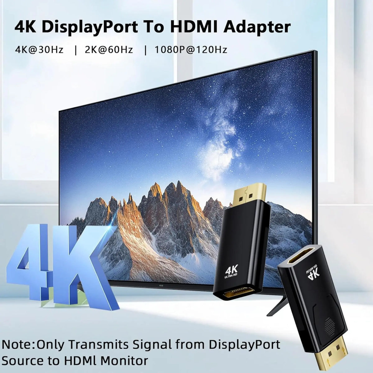 Adaptateur DisplayPort vers HDMI noir 4K, connecteurs plaqués or compacts
