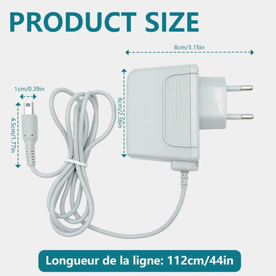Chargeur 3DS : adaptateur blanc en plastique avec câble spiralé et prise européenne 2 broches