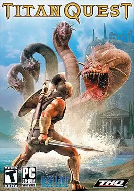 Boîte Titan Quest : guerrier musclé en bronze armé d épée et bouclier face à serpents monstrueux