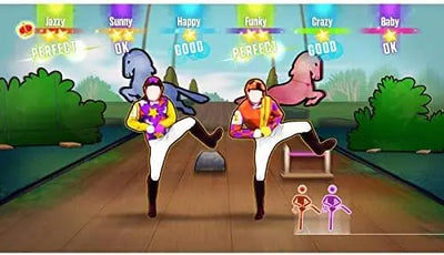 Deux danseurs cartoon en tenues colorées sur scène bois sous scores Just Dance 2016 Wii