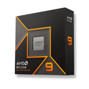 Boîte processeur AMD Ryzen 9 9900X3D noir orange avec puce argentée visible