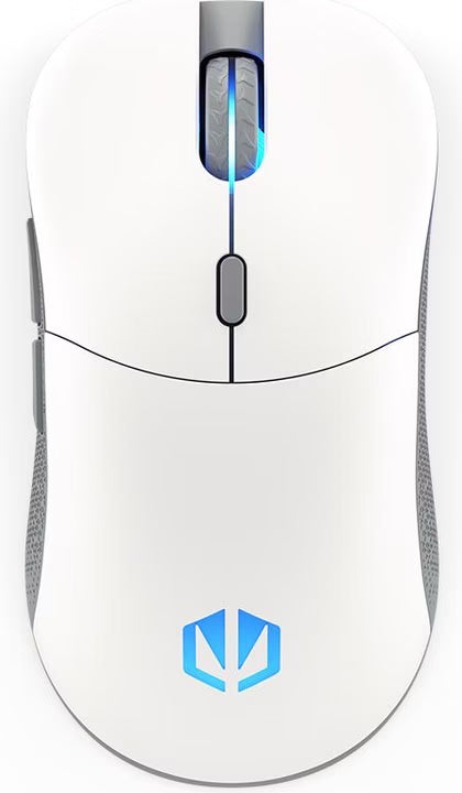 Souris gamer sans fil Endorfy Gem Plus Onyx blanche, vue de dessus avec logo lumineux