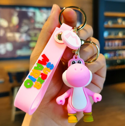 Porte-clés Mario Yoshi rose avec sangle rose et lettres Super Mario colorées