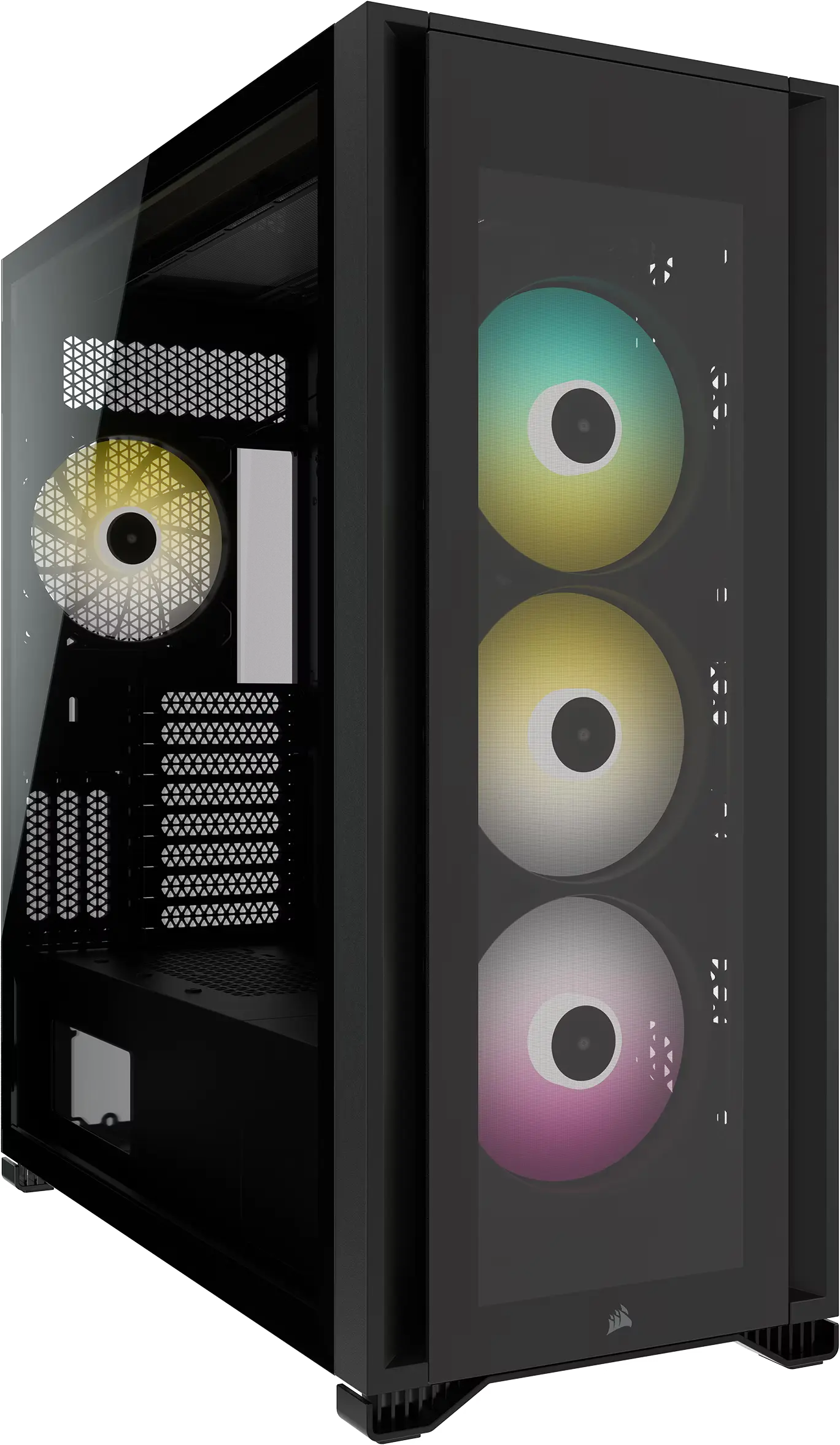 Boîtier Corsair iCue 7000X RGB Full Tower Noir avec 3 ventilateurs RGB empilés verticaux en dégradé jaune blanc rose