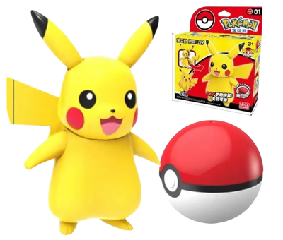 Figurine Pokémon Pikachu jaune aux oreilles noires, joues rouges et Poké Ball