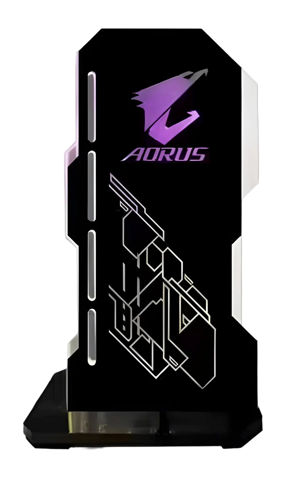 Trophée gaming Aorus noir avec logo violet luminescent et gravures géométriques blanches