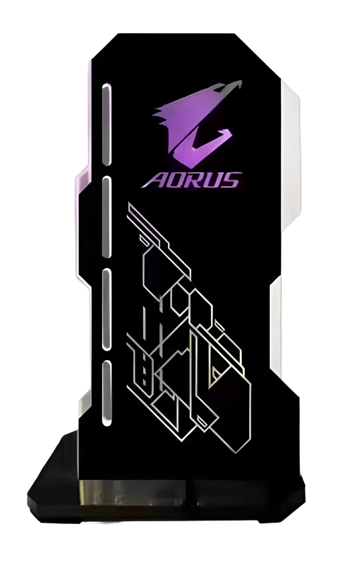 Trophée gaming Aorus noir avec logo violet luminescent et gravures géométriques blanches