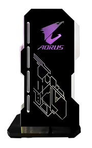 Trophée gaming Aorus noir avec logo violet luminescent et gravures géométriques blanches