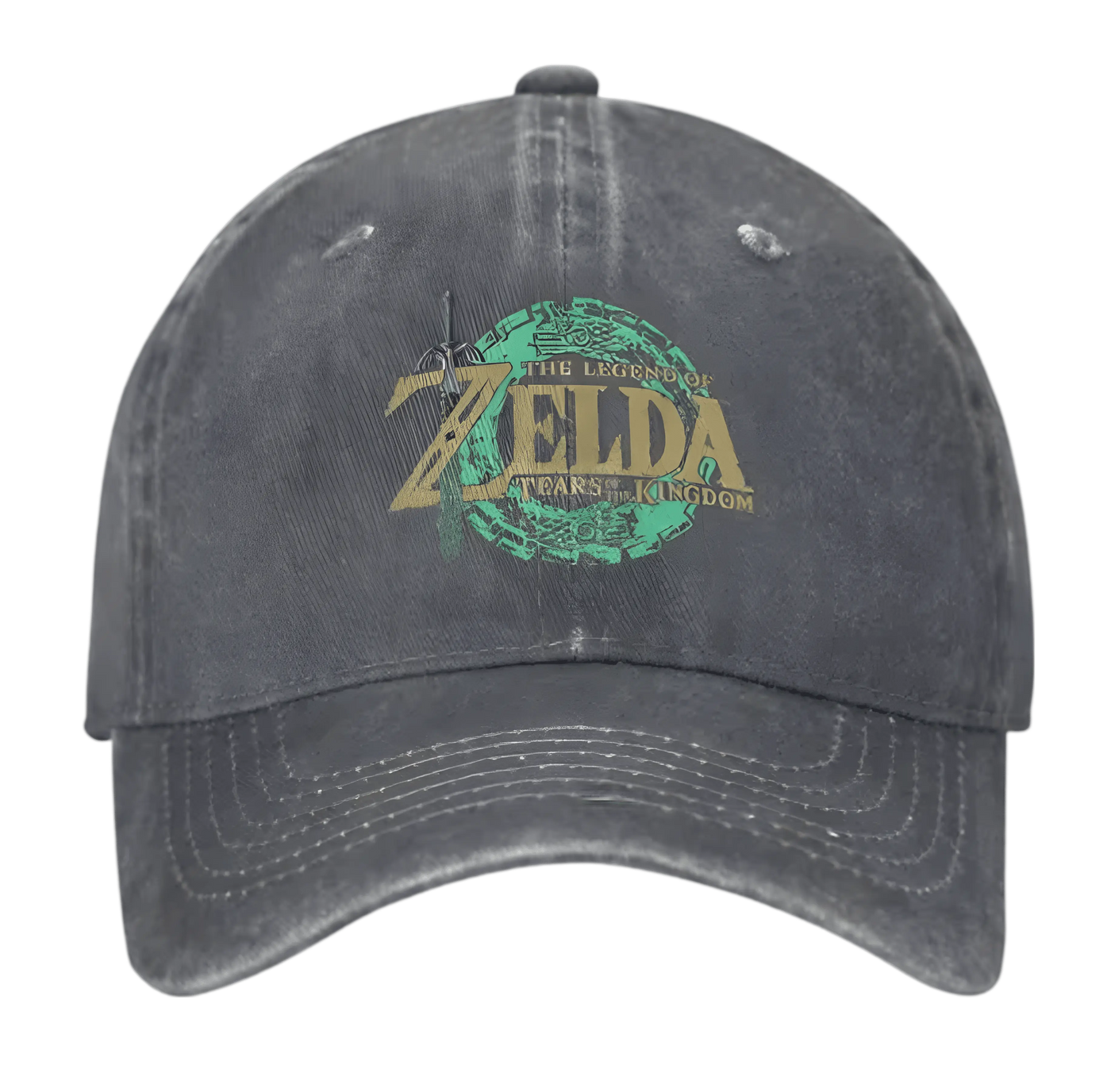 Casquette baseball grise foncée usée Zelda Tears of the Kingdom teal/or