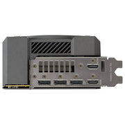 Carte graphique ASUS TUF Gaming GeForce RTX 5080 OC noire et argentée, plaque arrière mate avec sorties HDMI et DisplayPort