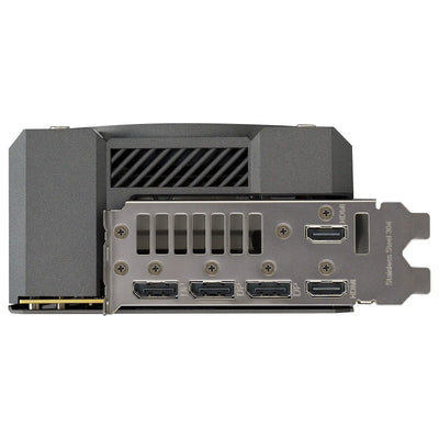 Carte graphique ASUS TUF Gaming GeForce RTX 5080 OC noire et argentée, plaque arrière mate avec sorties HDMI et DisplayPort