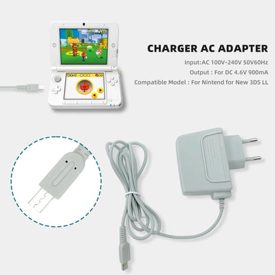 Chargeur 3DS blanc plastique avec câble gris enroulé et USB pour New 3DS LL