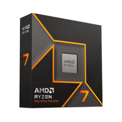 Boîtier processeur AMD Ryzen 7 9700X noir orange avec puce argentée visible
