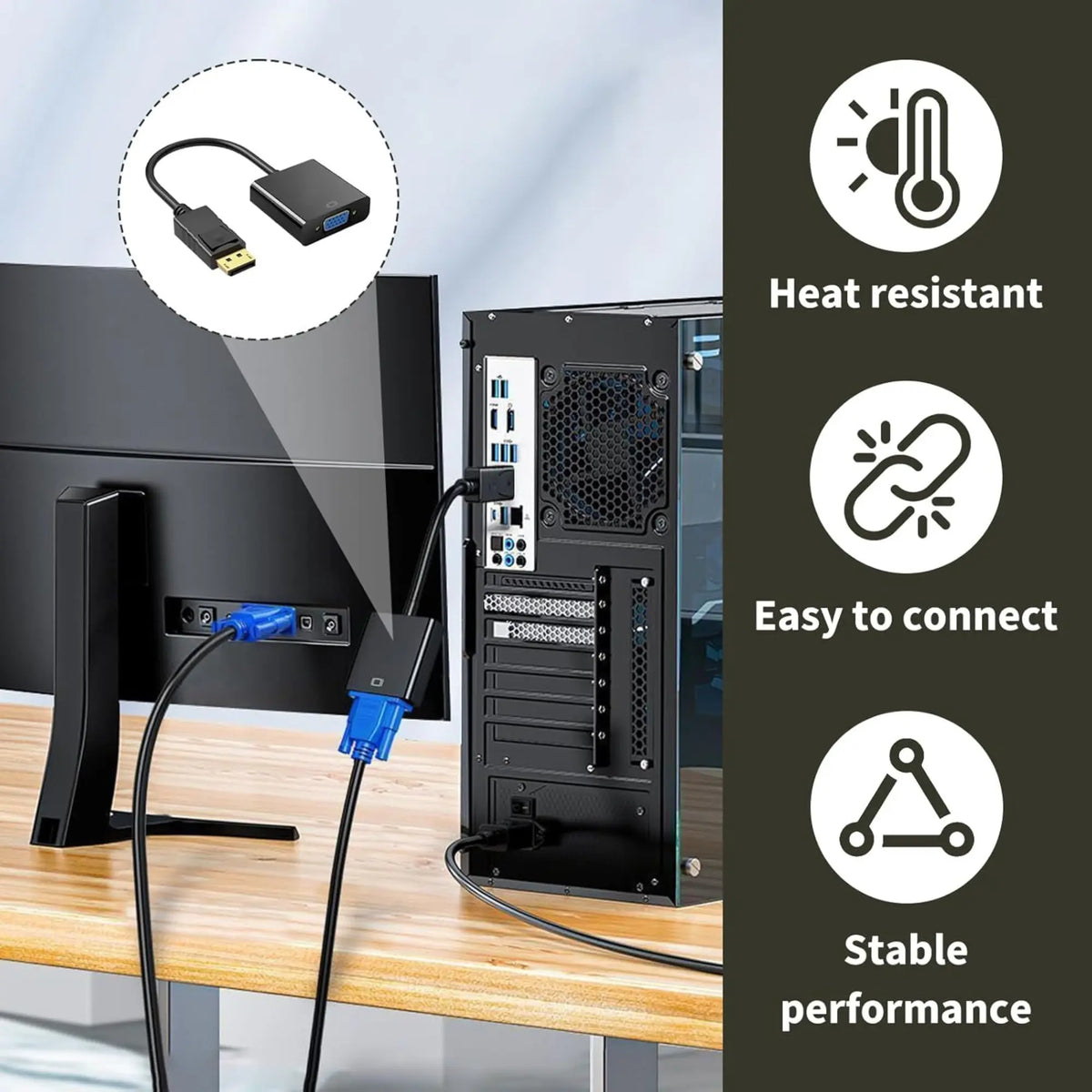 Adaptateur HDMI noir vers VGA avec connecteurs bleus HD