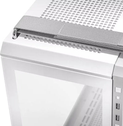 Coque PC ASUS TUF Gaming GT502 BLANC blanche perforée avec sangle tissu gris et boucle métal