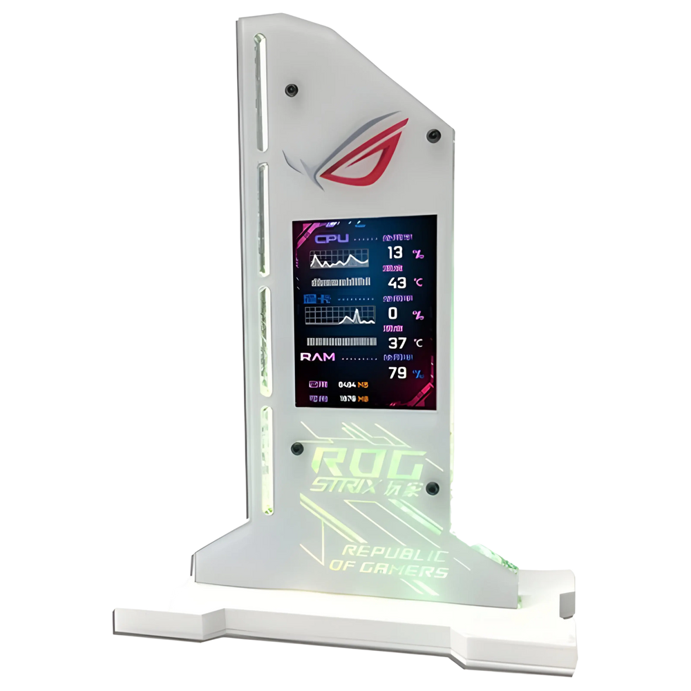 Support GPU ASUS ROG blanc avec écran LED 5V 3-pin RGB et design angulaire illuminé
