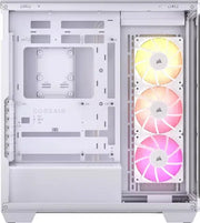 Boîtier blanc Corsair 3500X ARGB avec 3 ventilateurs RGB empilés verticaux en dégradé jaune rose violet