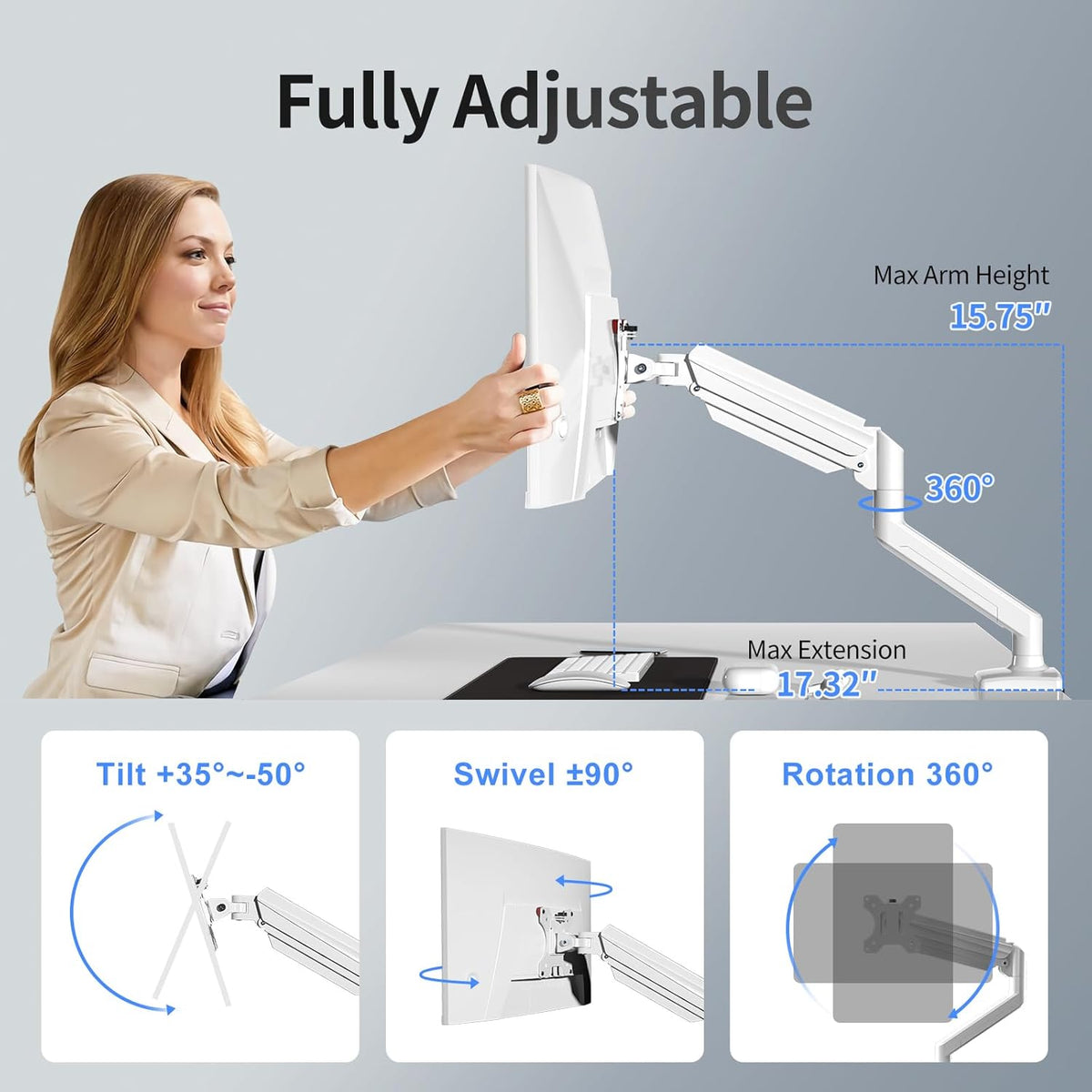 Support Bras Mécanique - Blanc - 1 Moniteur - 17" - 32" image 2