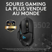 Souris gaming Logitech G502 HERO noire ergonomique avec logo bleu lumineux