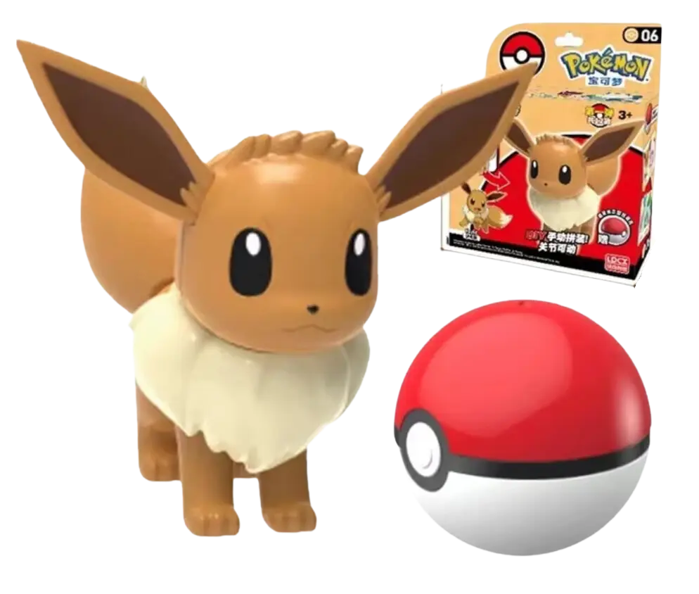 Figurine Pokémon Evoli beige et crème avec oreilles marron et Poké Ball rouge et blanche