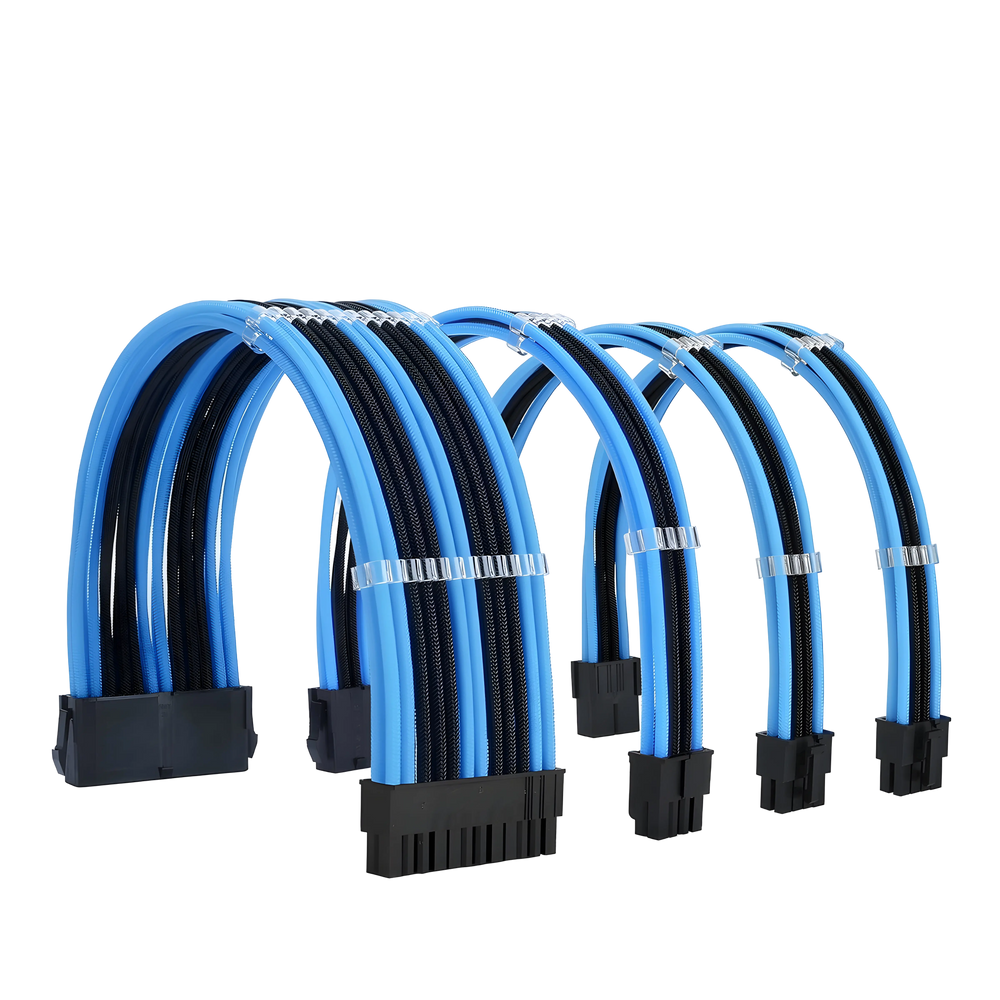 Câbles rallonges mix cyan-noir pour alimentation PSU ATX/EPS/PCI-E, gainés bleu et noir