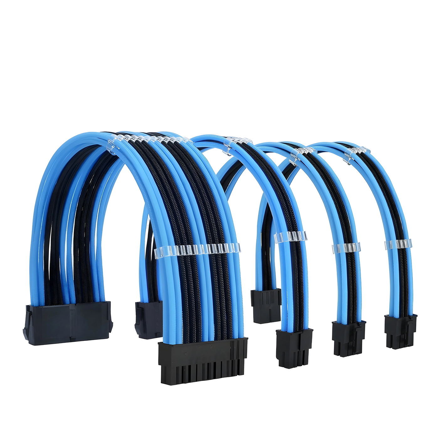 Câbles rallonges mix cyan-noir pour alimentation PSU ATX/EPS/PCI-E, gainés bleu et noir