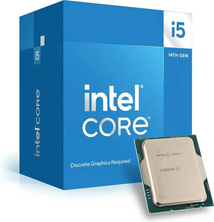 Processeur Intel Core i5-14400F 14e gen dans boîte bleue, circuit argenté et billes vertes