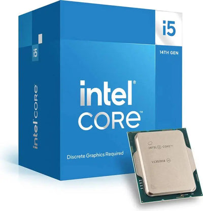 Processeur Intel Core i5-14400F 14e gen dans boîte bleue, circuit argenté et billes vertes