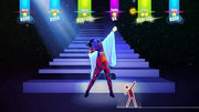 Danseuse animée vibrante en tenue rouge et noire avec accents bleus lumineux sur Just Dance 2017 Wii
