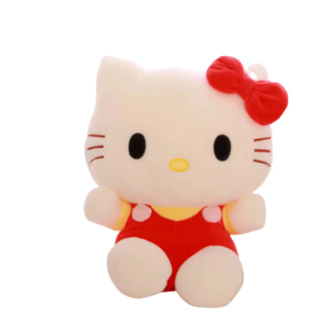 Peluche Hello Kitty Salopette Rouge & Nœud Rouge Coton Doux 20cm