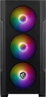 Boîtier PC MSI MAG FORGE M100R NOIR avec 3 ventilateurs RGB empilés et logo MSI lumineux